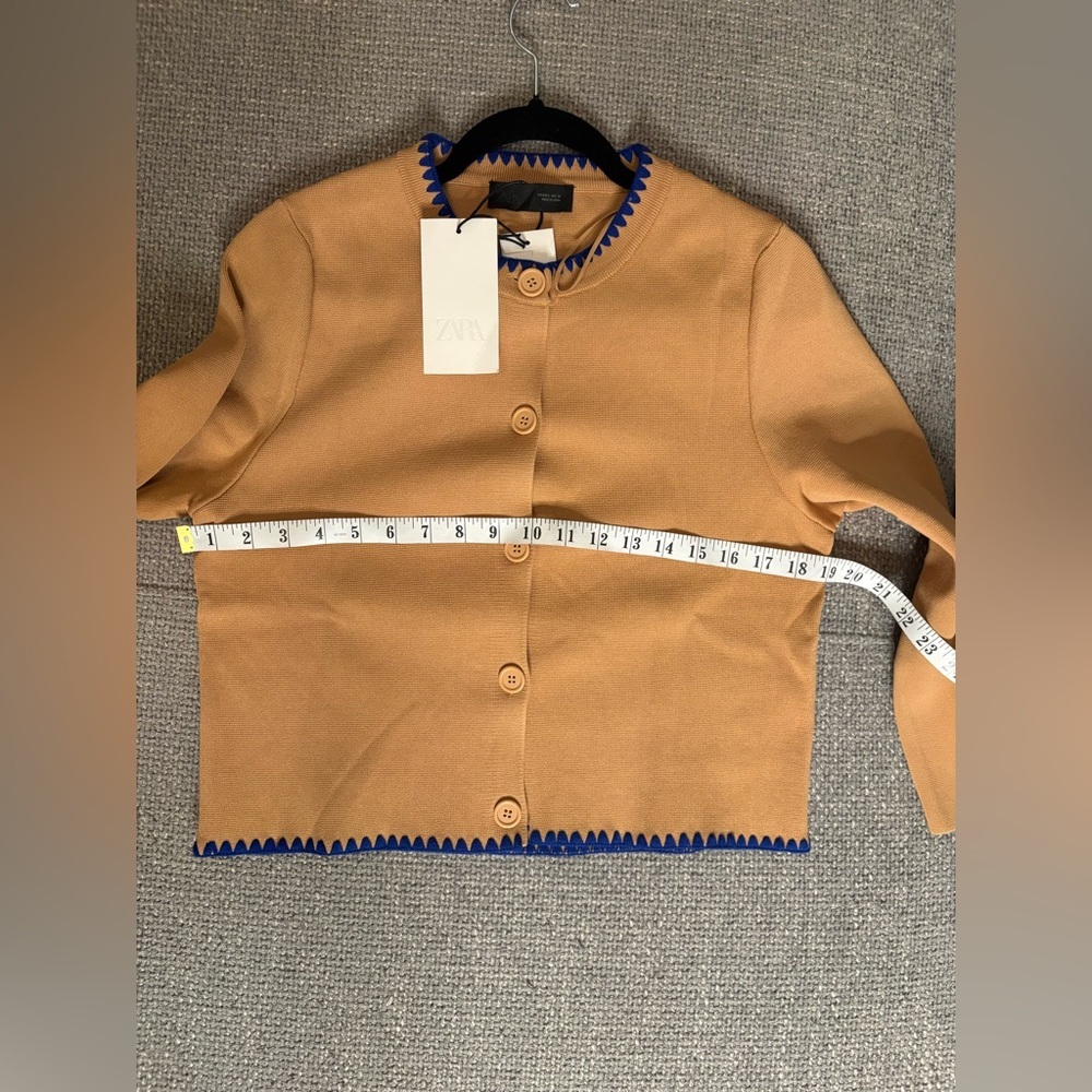 Zara Contrast Embroidery Knit Cardigan Camel Blue Trim Size Large NWT - Picture 14 of 15